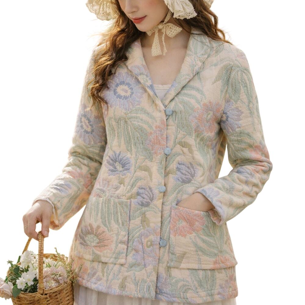 Vintage 80s Women's Medium Quilted Jacket Pastel Floral Cottagecore